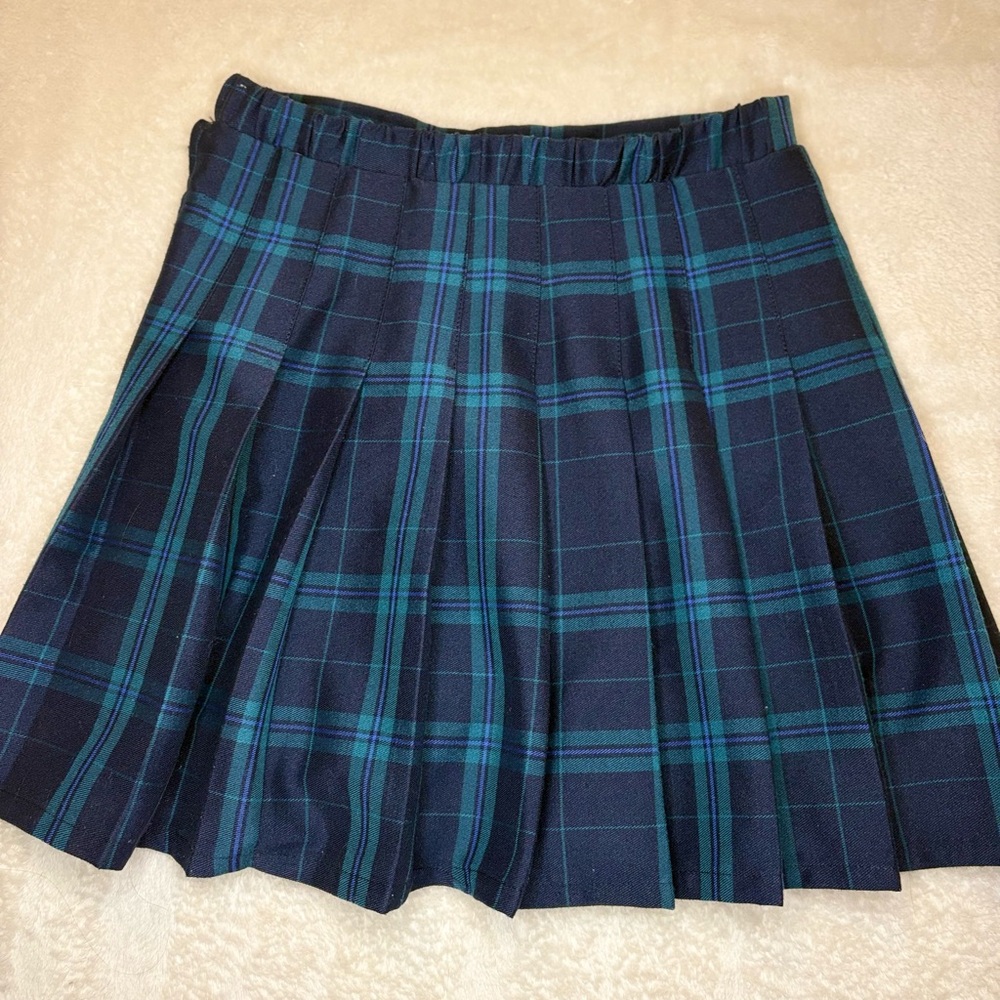 Navy and Teal Plaid Pleated Mini Skirt